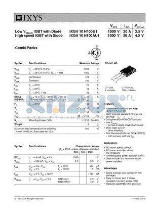 IXGH10N100AU1 datasheet - Low VCE(sat) IGBT with Diode, High speed IGBT with Diode