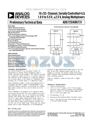 ADG731BCP datasheet - 16-/32- Channel, Serially Controlled 4  1.8 V to 5.5 V, a2.5 V, Analog Multiplexers