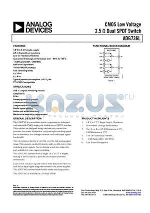 ADG736LBRMZ-REEL71 datasheet - CMOS Low Voltage 2.5 OHM Dual SPDT Switch