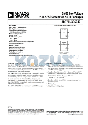 ADG741 datasheet - CMOS Low Voltage 2ohm SPST Switches in SC70 Packages