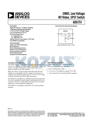 ADG751ART datasheet - CMOS, Low Voltage RF/Video, SPST Switch