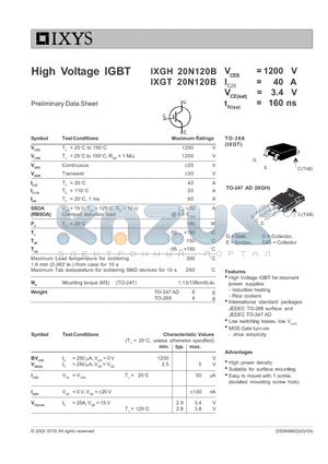 IXGH20N120B datasheet - High Voltage IGBT