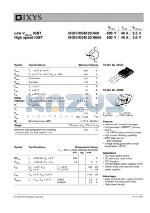 IXGH20N60A datasheet - Low VCE(sat) IGBT, High speed IGBT