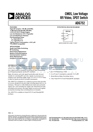 ADG752 datasheet - CMOS, Low Voltage RF/Video, SPDT Switch