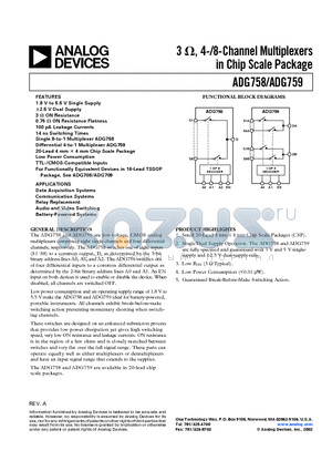 ADG758 datasheet - 3 ohm, 4-/8-Channel Multiplexers in Chip Scale Package