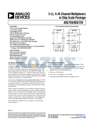 ADG758BCP datasheet - 3 ohm, 4-/8-Channel Multiplexers in Chip Scale Package