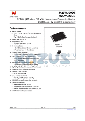 M29W320DB90N6 datasheet - 32 Mbit (4Mbx8 or 2Mbx16, Non-uniform Parameter Blocks, Boot Block), 3V Supply Flash memory