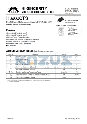 H6968CTS datasheet - Dual N-Channel Enhancement-Mode MOSFET (20V, 6.5A) Battery Switch, ESD Protected)