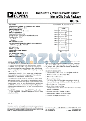 ADG784 datasheet - CMOS 3 V/5 V, Wide Bandwidth Quad 2:1 Mux in Chip Scale Package