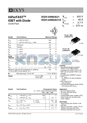 IXGH24N60AU1 datasheet - HiPerFAST IGBT with Diode
