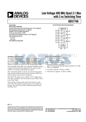 ADG774ABRQ datasheet - Low Voltage 400 MHz Quad 2:1 Mux with 3 ns Switching Time