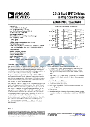 ADG781BCP datasheet - 2.5 ohm Quad SPST Switches in Chip Scale Package