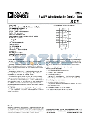 ADG774BR datasheet - CMOS 3 V/5 V, Wide Bandwidth Quad 2:1 Mux
