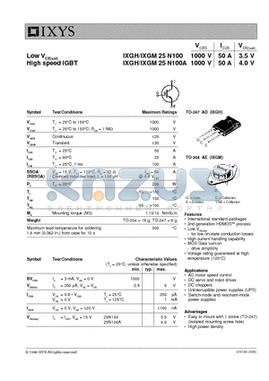 IXGH25N100 datasheet - Low VCE(sat), High speed IGBT