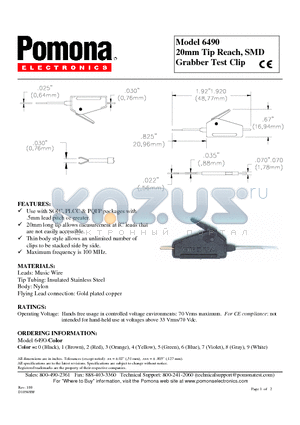 6490-9 datasheet - 20mm Tip Reach, SMD Grabber Test Clip