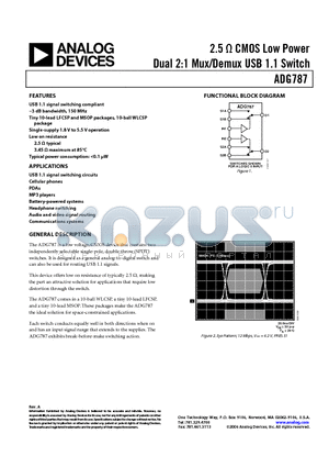 ADG787BRMZ datasheet - 2.5 OHM CMOS Low Power Dual 2:1 Mux/Demux USB 1.1 Switch