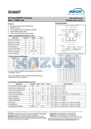 DU2860T datasheet - RF Power MOSFET Transistor 60W, 2-175MHz, 28V