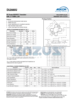 DU2880U datasheet - RF Power MOSFET Transistor 80W, 2-175MHz, 28V