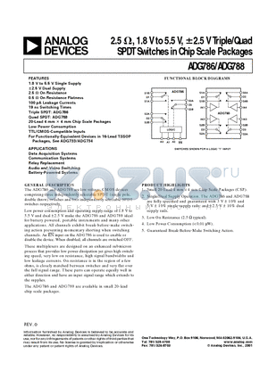 ADG788 datasheet - 2.5ohm, 1.8V to 5.5V, -2.5 V Triple/Quad SPDT Switches in Chip Scale Packages