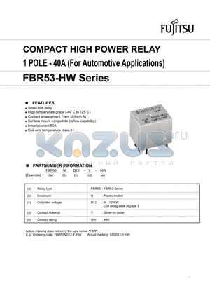 FBR53-HW datasheet - COMPACT HIGH POWER RELAY 1 POLE-40 A(For Automotive Applications)