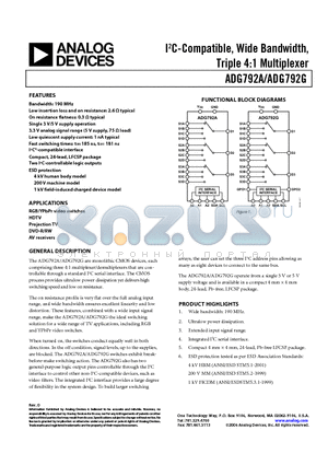 ADG792GCCPZ-REEL datasheet - IC-Compatible, Wide Bandwidth, Triple 4:1 Multiplexer