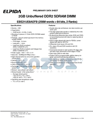 EBE21UE8AEFB-8G-F datasheet - 2GB Unbuffered DDR2 SDRAM DIMM