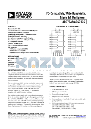 ADG793A datasheet - I2C-Compatible, Wide Bandwidth, Triple 3:1 Multiplexer