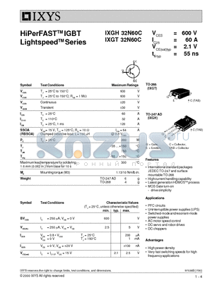 IXGH32N60C datasheet - HiPerFAST IGBT Lightspeed Series