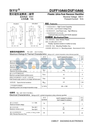 DUFF10A60 datasheet - Plastic Ultra-Fast Recover Rectifier Reverse Voltage 600 V Forward Current 10 A
