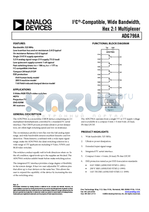 ADG796A datasheet - I2C-Compatible, Wide Bandwidth, Hex 2:1 Multiplexer