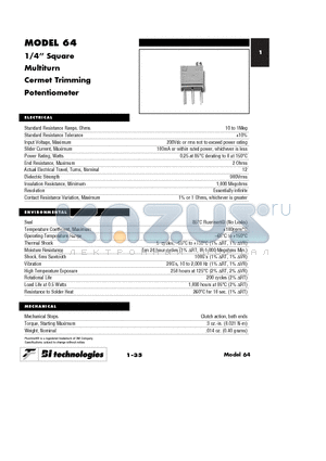 64PR20KLFAP datasheet - 1/4 Square Multiturn Cermet Trimming Potentiometer