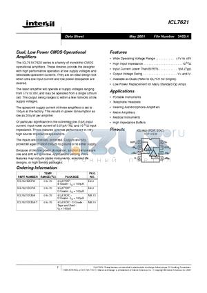 ICL7621DCBA-T datasheet - Dual, Low Power CMOS Operational Amplifiers