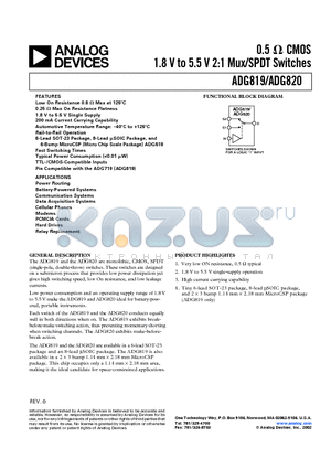 ADG820BRT datasheet - 0.5 OHM CMOS 1.8 V to 5.5 V 2:1 Mux/SPDT Switches