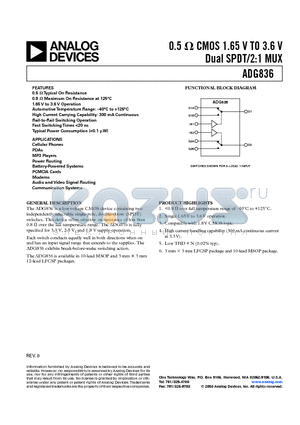 ADG836YCP-REEL7 datasheet - 0.5CMOS 1.65 V TO 3.6 V Dual SPDT/2:1 MUX