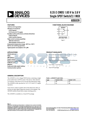 ADG839YKSZ-REEL datasheet - 0.35 ohm CMOS 1.65 V to 3.6 V Single SPDT Switch/2:1 MUX