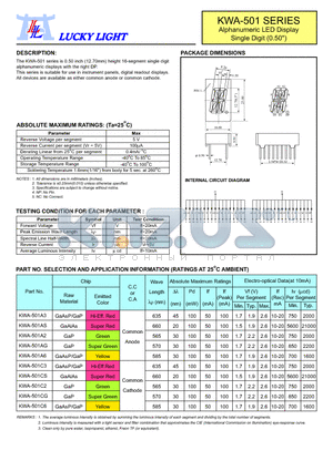 KWA-501 datasheet - Alphanumeric LED Display Single Digit (0.50)