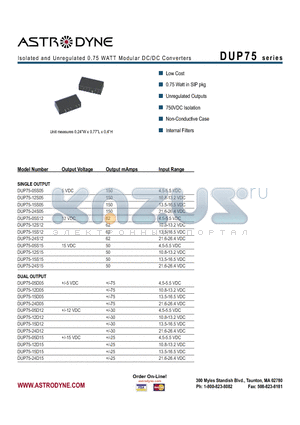 DUP75-05D12 datasheet - Isolated and Unregulated 0.75 WATT Modular DC/DC Converters