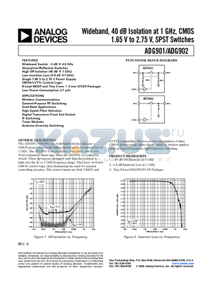 ADG902BRM-REEL7 datasheet - Wideband, 40 dB Isolation at 1 GHz, CMOS 1.65 V to 2.75 V, SPST Switches