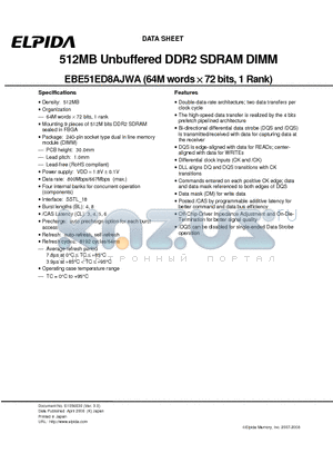 EBE51ED8AJWA-8E-E datasheet - 512MB Unbuffered DDR2 SDRAM DIMM