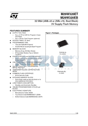 M29W320ET70ZE1 datasheet - 32 Mbit (4Mb x8 or 2Mb x16, Boot Block) 3V Supply Flash Memory