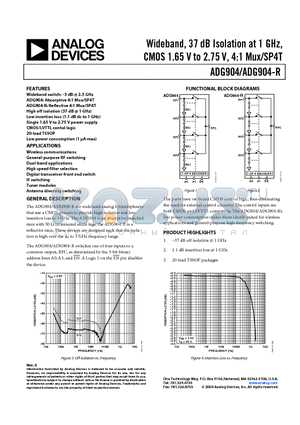 ADG904BRU-REEL datasheet - Wideband, 37 dB Isolation at 1 GHz, CMOS 1.65 V to 2.75 V, 4:1 Mux/SP4T