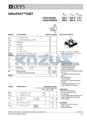 IXGN200N60 datasheet - HiPerFAST IGBT