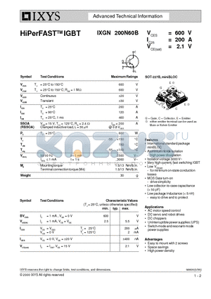 IXGN200N60B datasheet - HiPerFASTTM IGBT