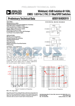 ADG919 datasheet - Wideband, 43dB Isolation 1GHz, CMOS 1.65 V to 2.75V, 2:1 Mux/SPDT Switches