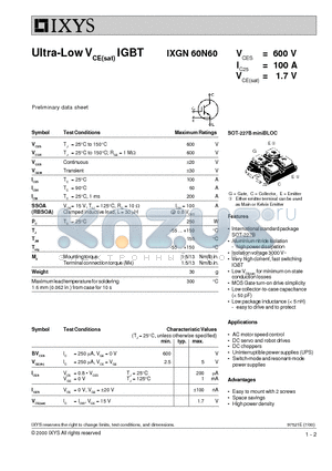 IXGN60N60 datasheet - Ultra-Low VCE(sat) IGBT