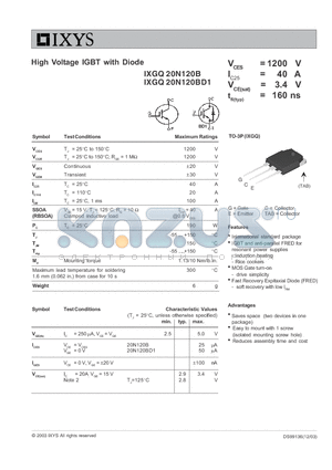 IXGQ20N120B datasheet - High Voltage IGBT with Diode