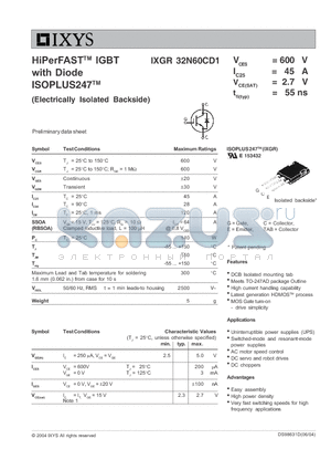 IXGR32N60CD1 datasheet - HiPerFAST IGBT with Diode ISOPLUS247