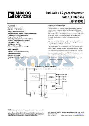 ADIS16003CCCZ datasheet - Dual-Axis a1.7 g Accelerometer with SPI Interface