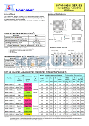 KWM-19881 datasheet - 8 x 8 Dot Matrix (1.9mm Dot) LED Display