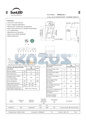DUR14A-1 datasheet - 14.2mm (0.56) SINGLE DIGIT NUMERIC DISPLAY